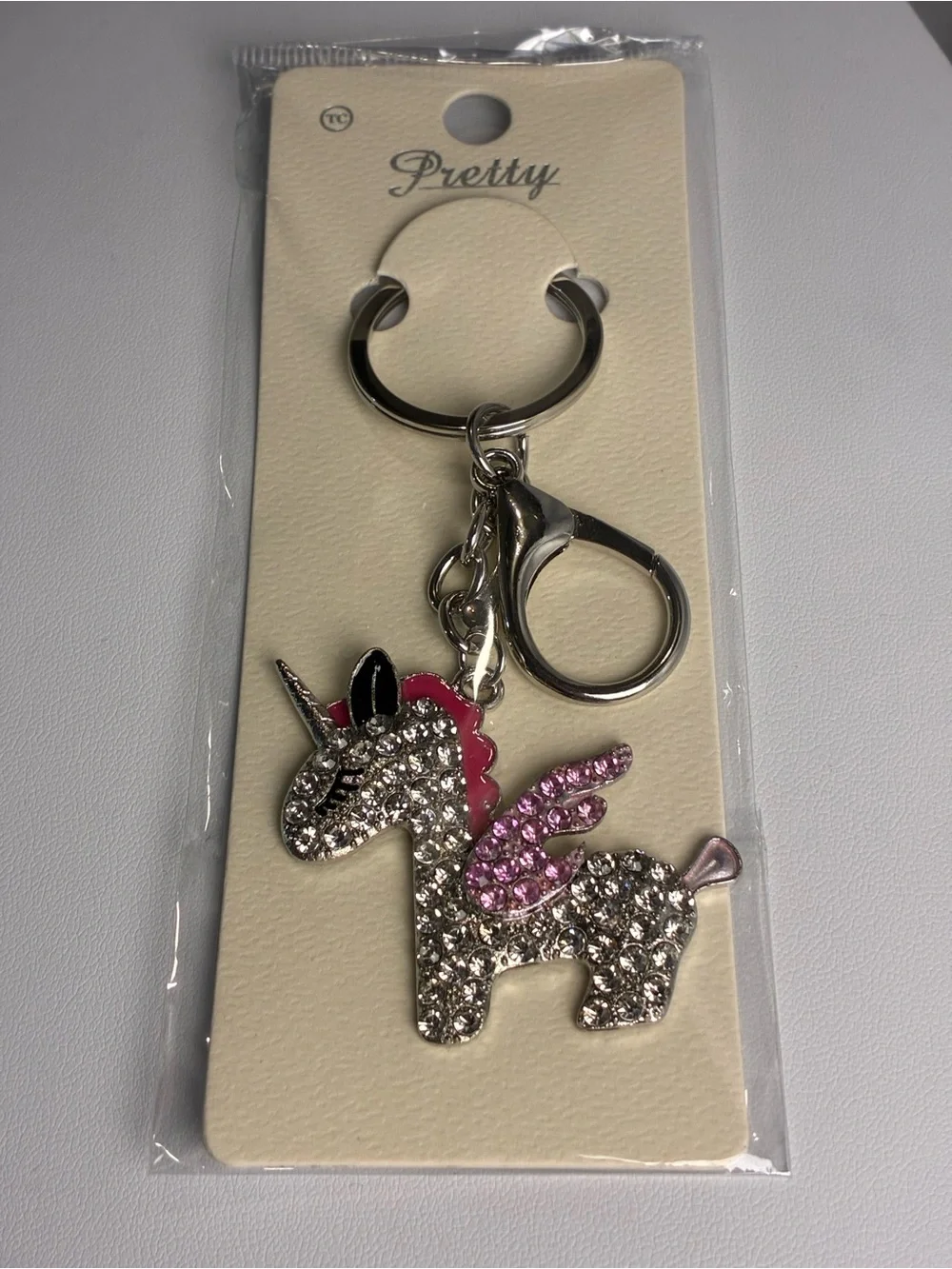 Rhinestone Unicorn Keychain Sparkly Pink & Silver Purse Charm